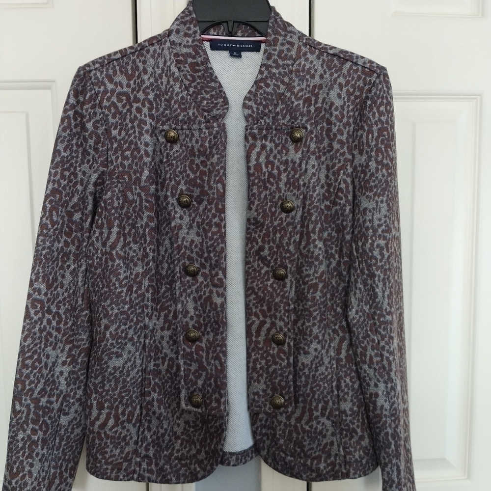 Tommy Hilfiger Animal Print Military Style Open Front Jacket Blazer M